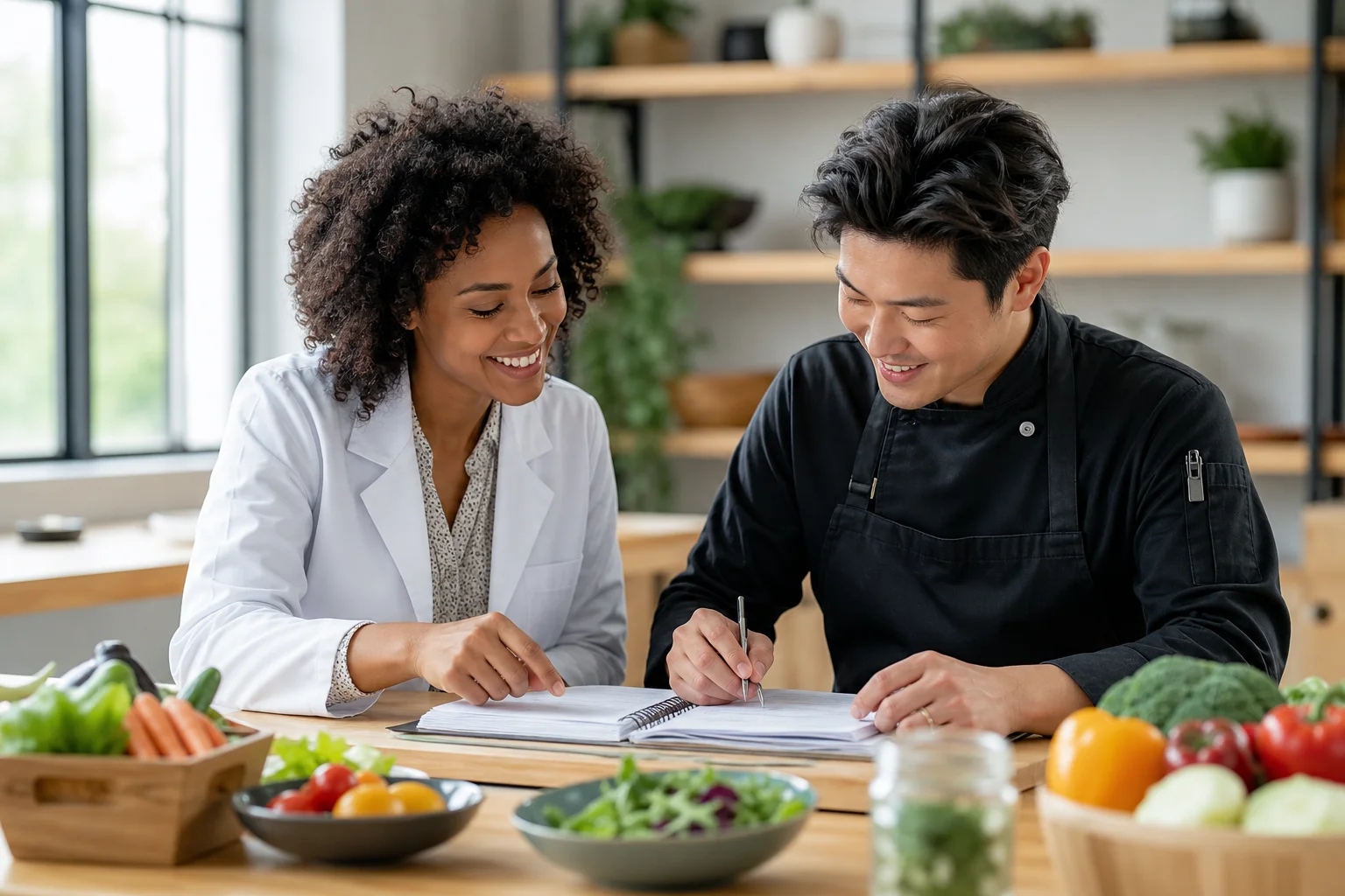 Team of nutrition advisors consulting on recipes