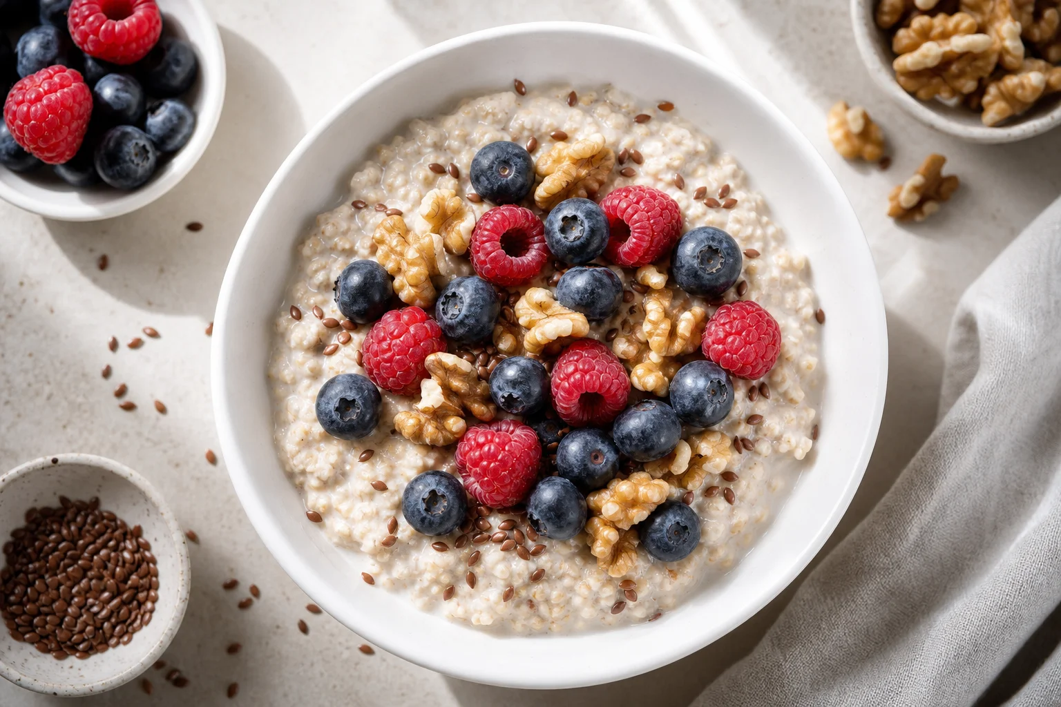 Oat porridge with berries and flax seeds