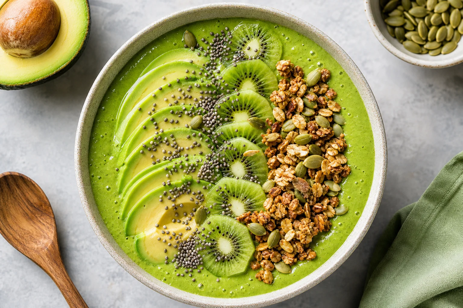 Green smoothie bowl with avocado and chia