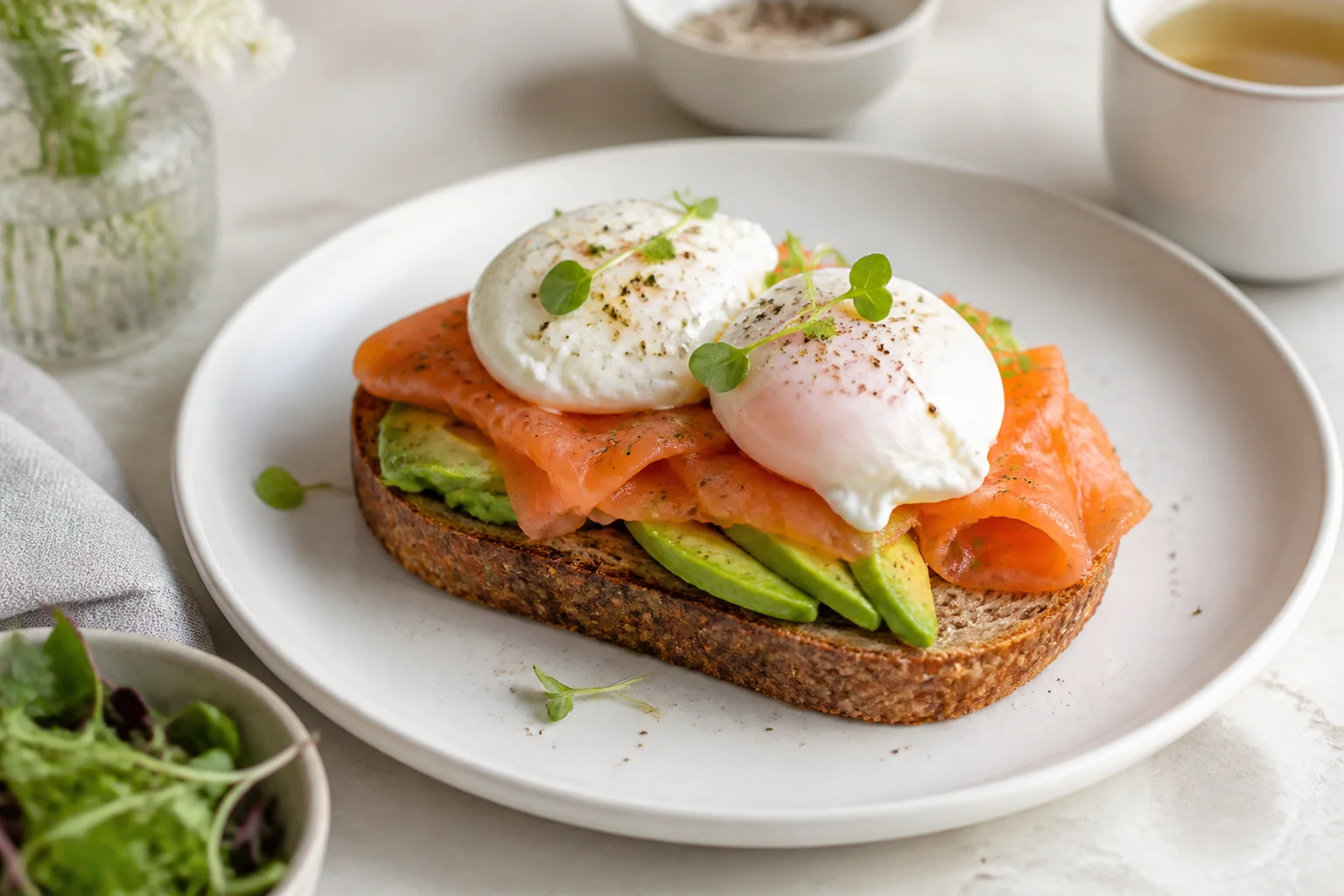 Eggs with salmon and avocado on whole-grain toast
