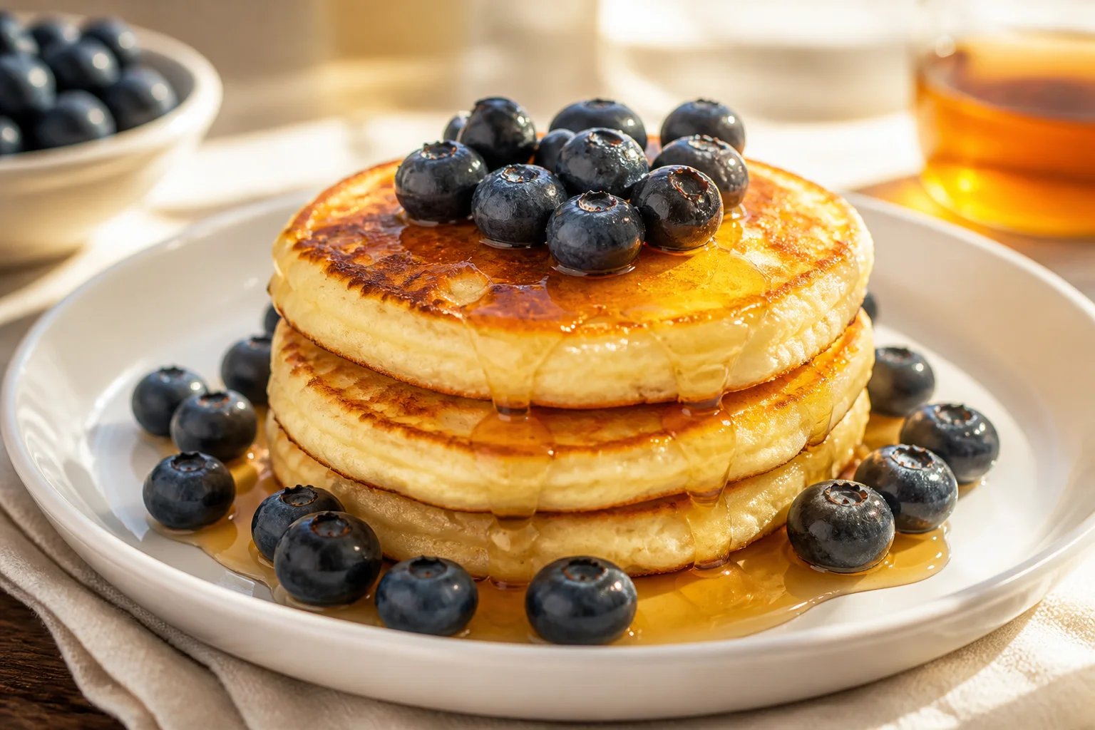 Cottage cheese pancakes with blueberries and honey