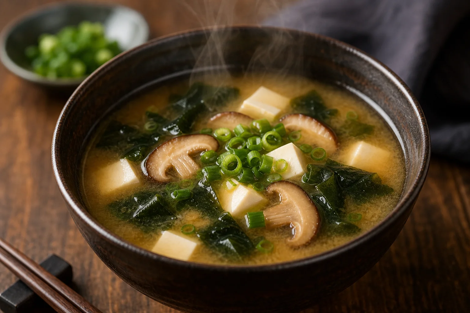 Miso soup with tofu and shiitake mushrooms