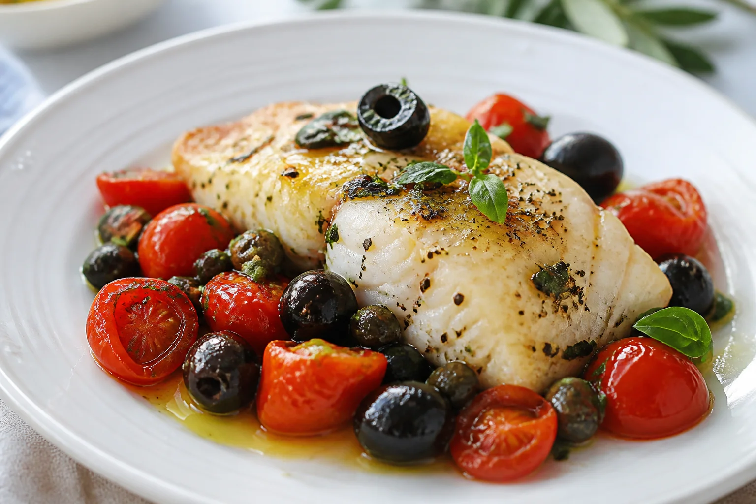 Baked cod with tomatoes and olives