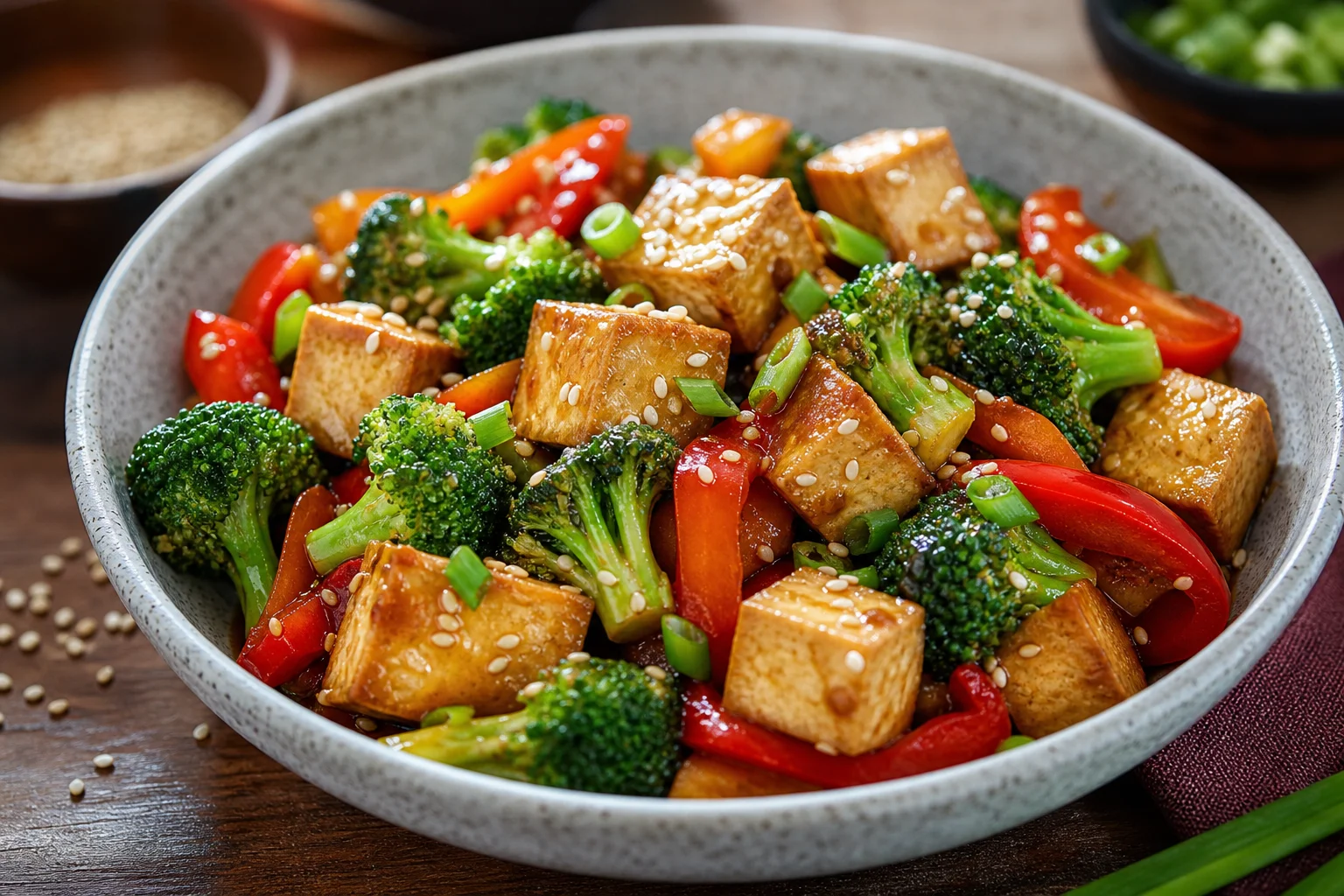Tofu stir-fry with broccoli and sesame