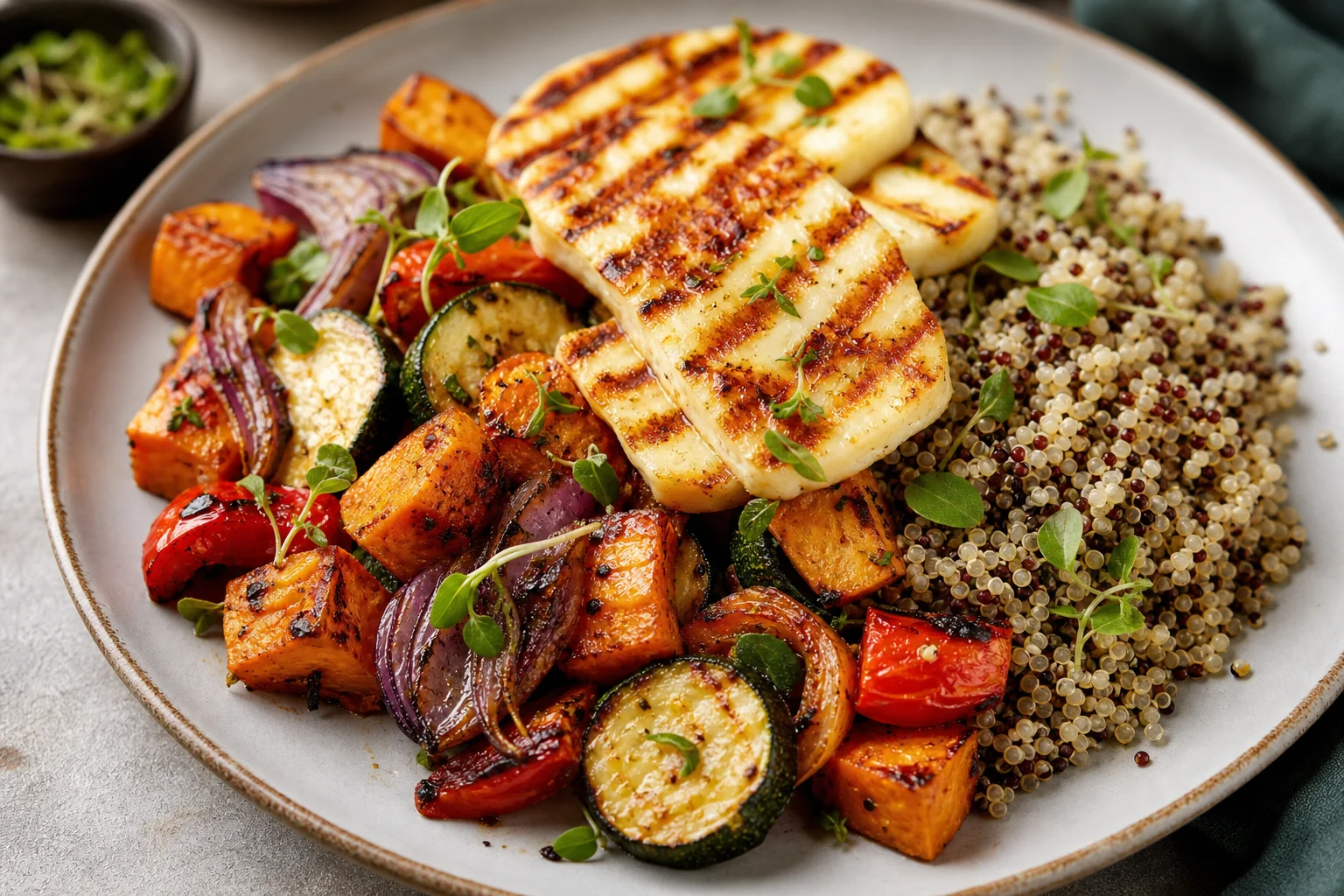 Roasted vegetables with halloumi and quinoa