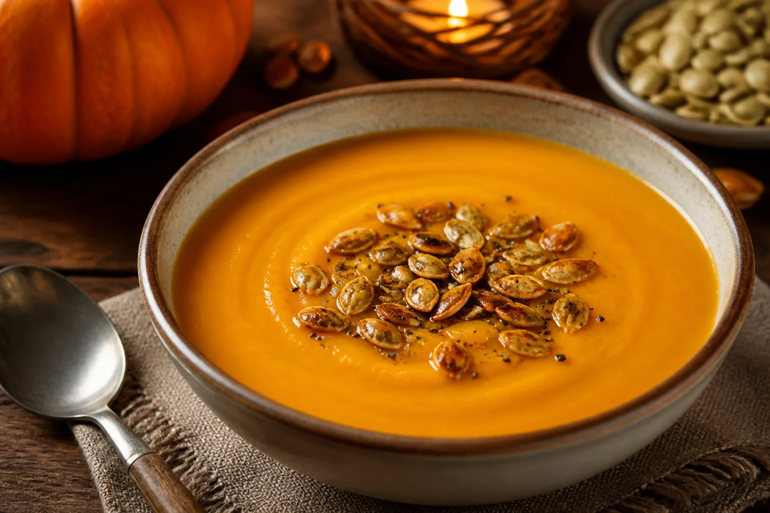 Pumpkin cream soup with roasted seeds