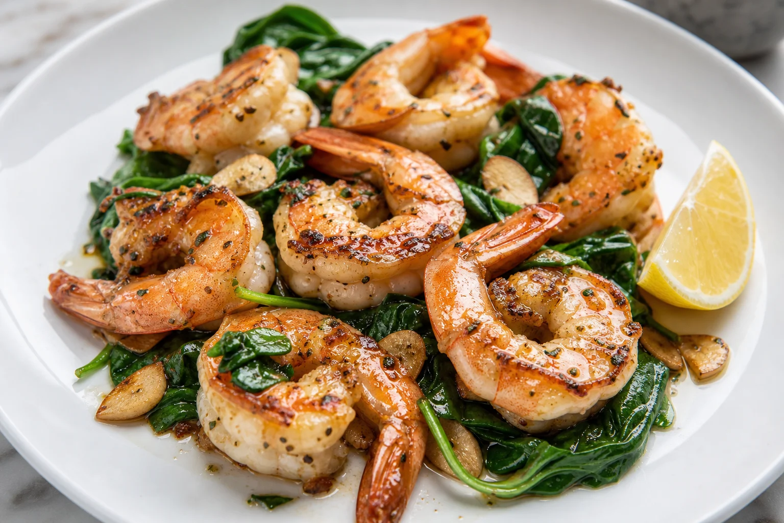Roasted shrimp with garlic and spinach