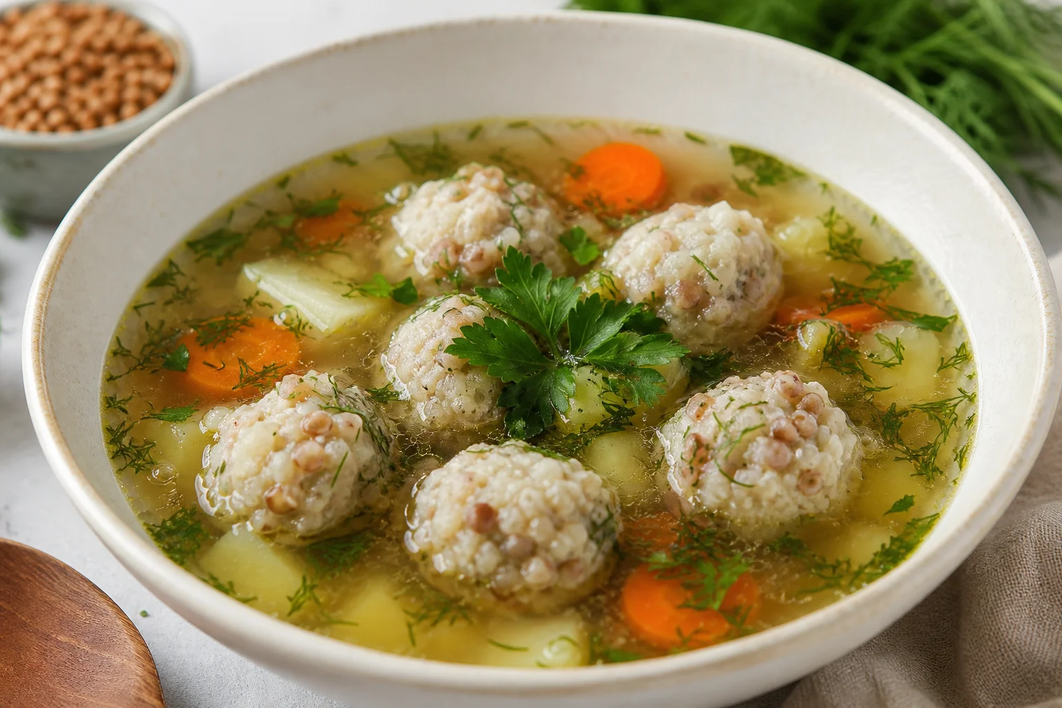 Vegetable broth with buckwheat and chicken meatballs