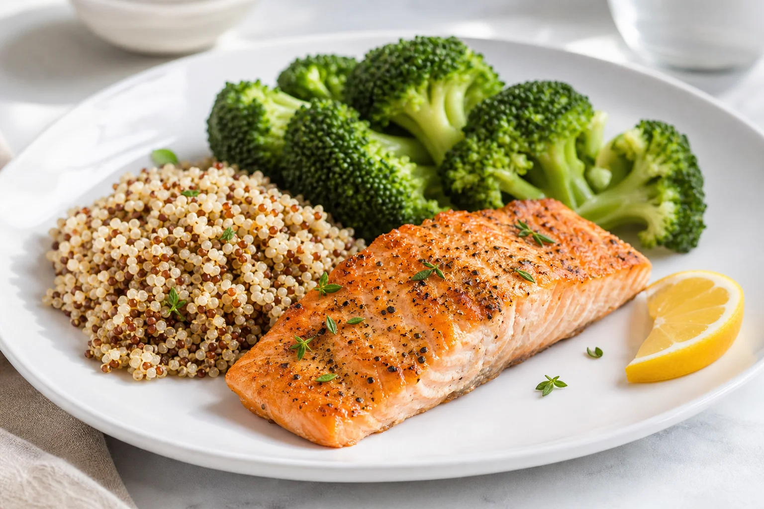 Baked salmon with quinoa and broccoli