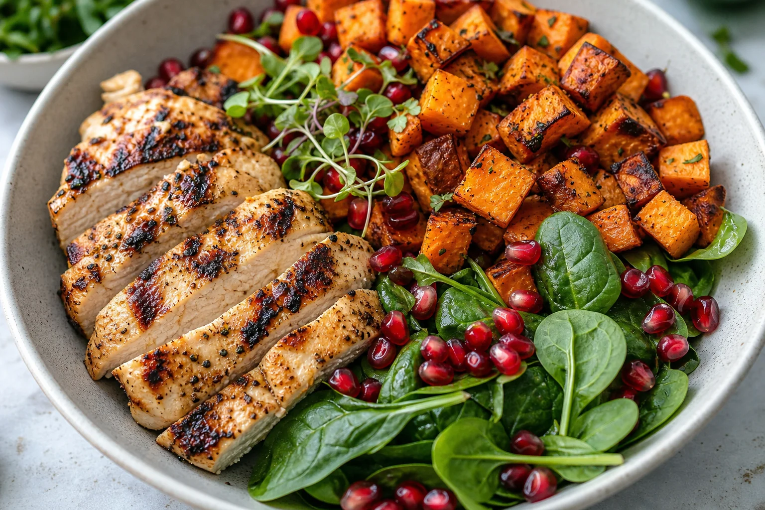 Chicken bowl with sweet potato and pomegranate