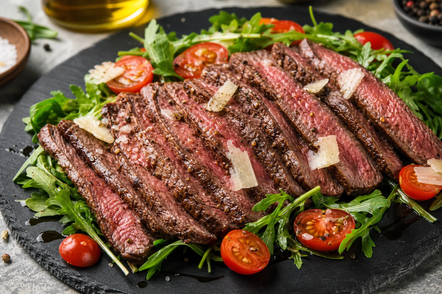 Beef tagliata with arugula and Parmesan