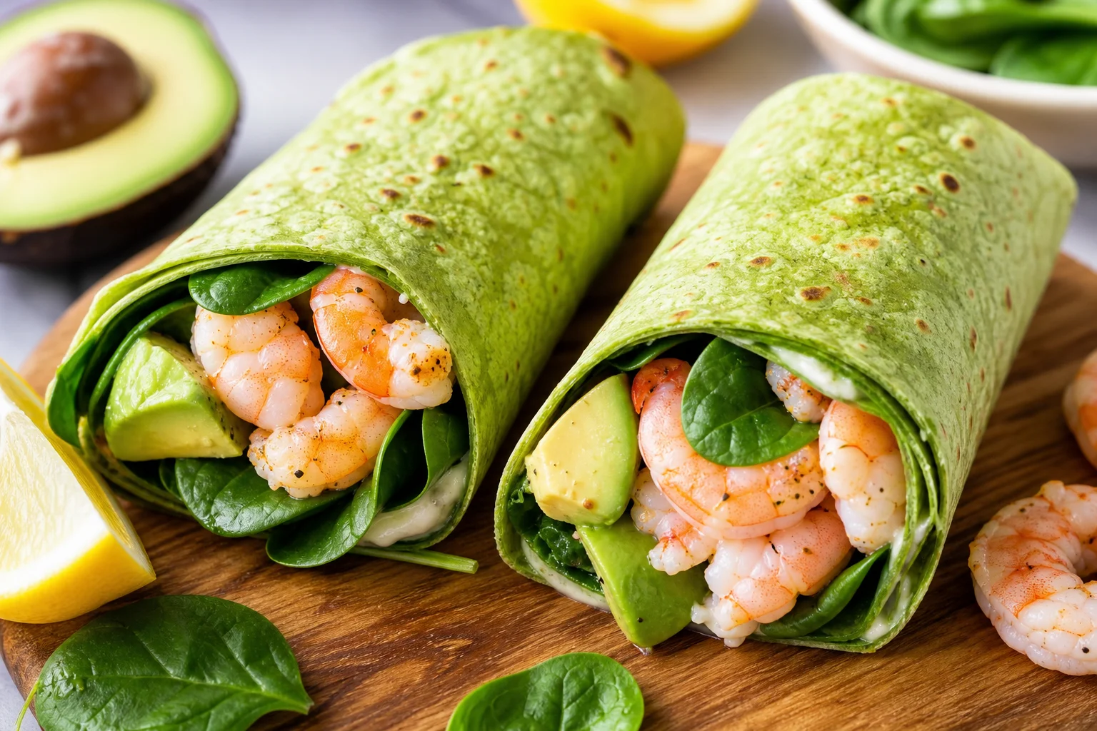 Shrimp wraps with avocado and spinach