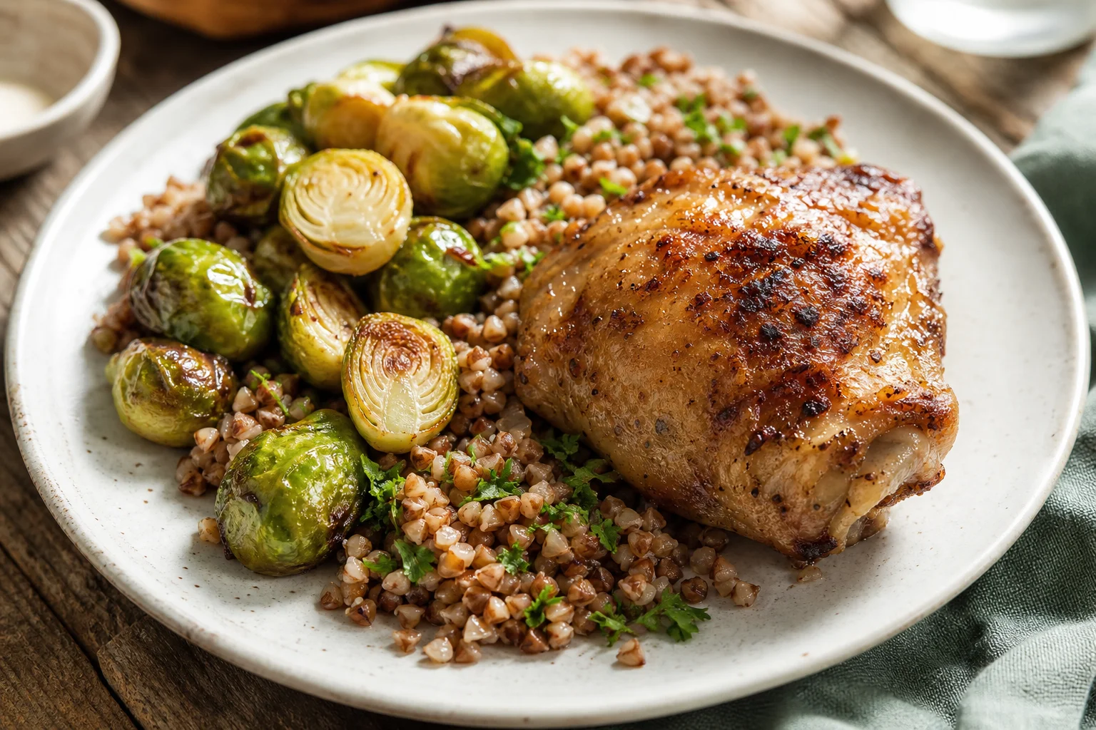 Roasted chicken with buckwheat and Brussels sprouts