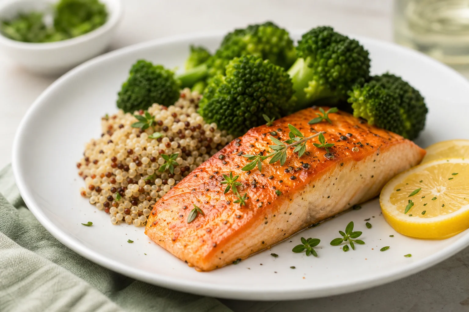 Healthy dish — baked salmon with broccoli and quinoa